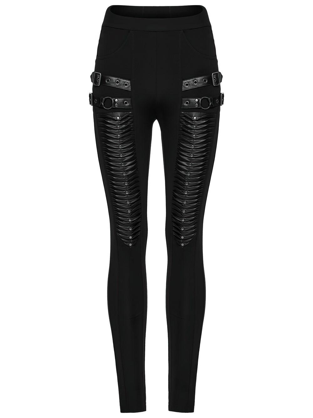 Gothic leggings with 3D pleats and faux leather straps, perfect for edgy style enthusiasts.