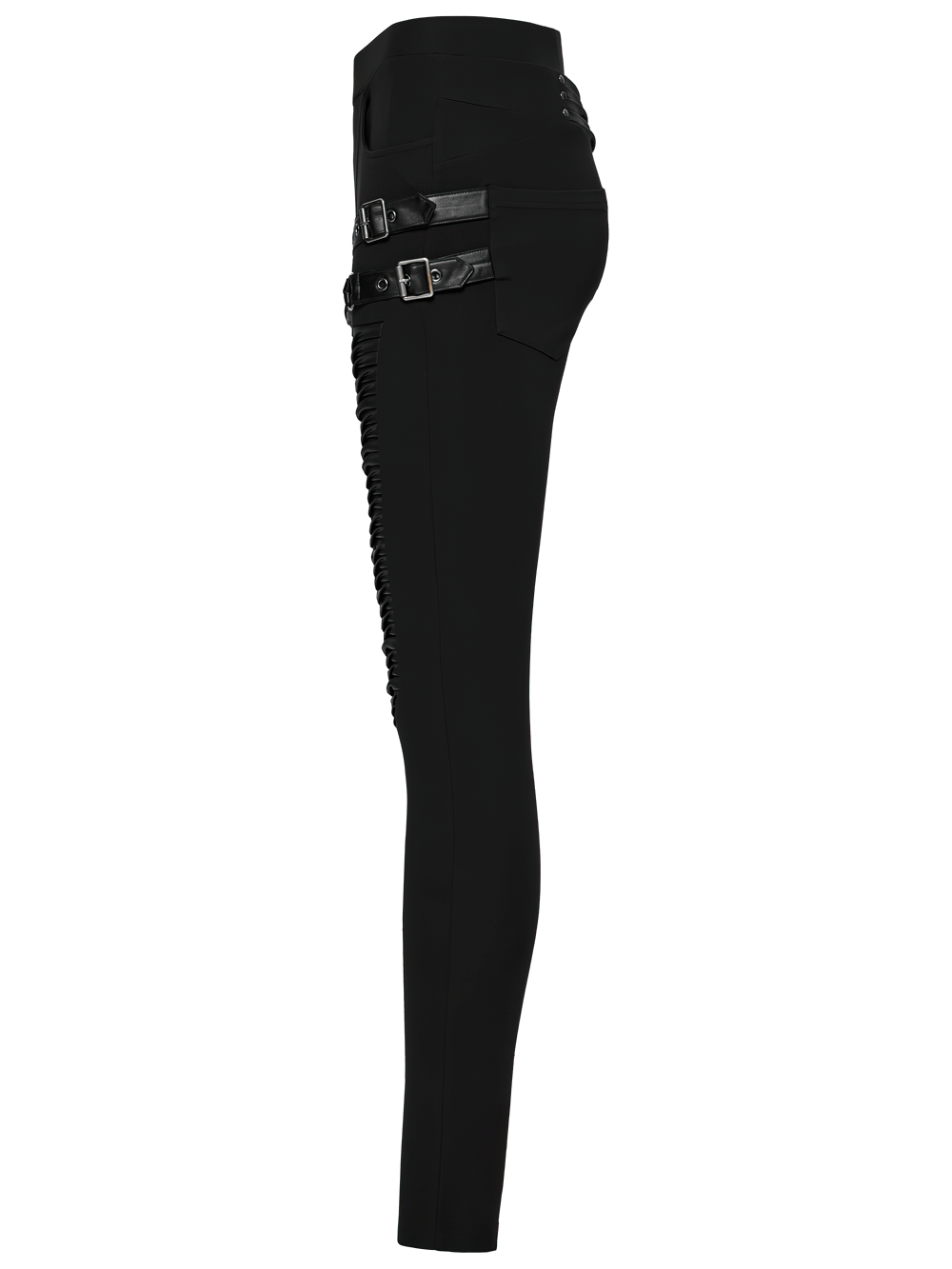 Gothic leggings featuring 3D pleats and faux leather straps, shown from the side.