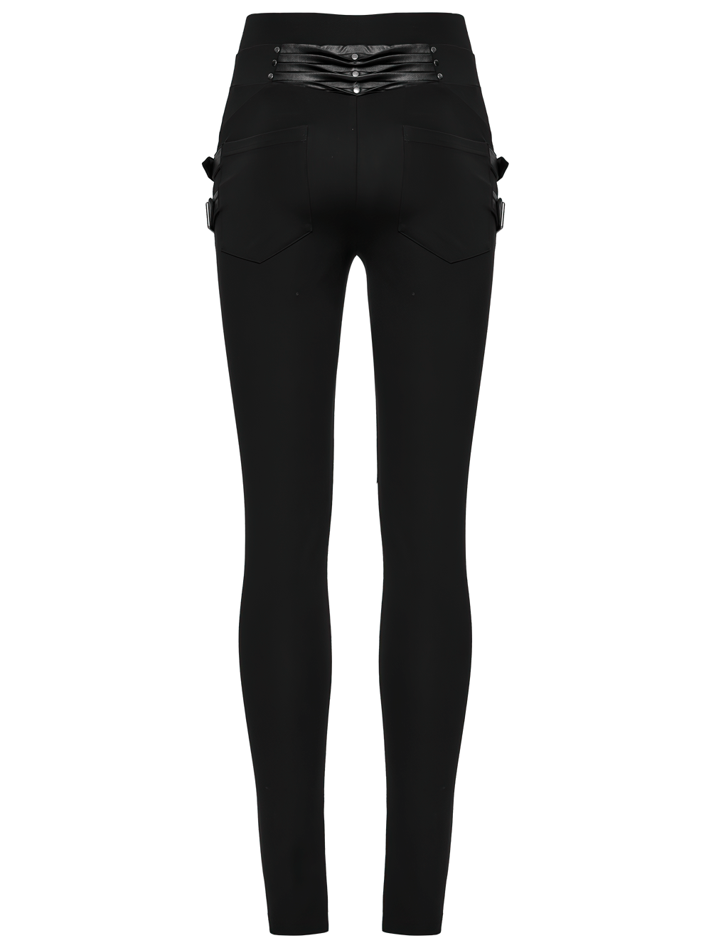 Gothic leggings featuring 3D pleats and faux leather straps, perfect for edgy fashion lovers.