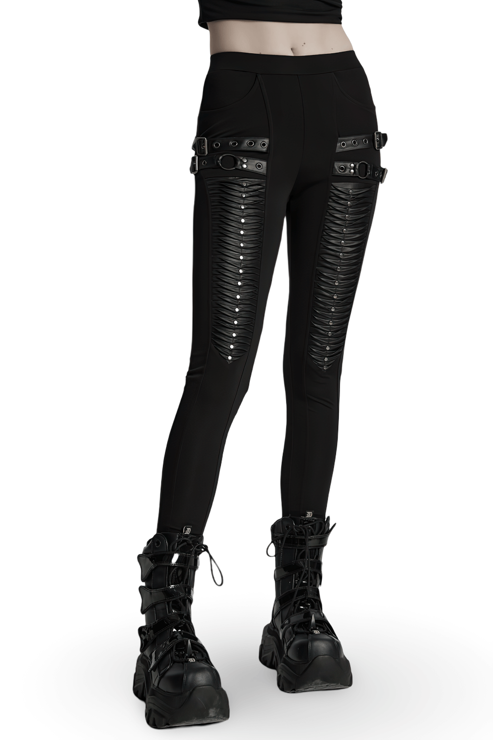 Gothic leggings with 3D pleats and faux leather straps, perfect for edgy fashion lovers.