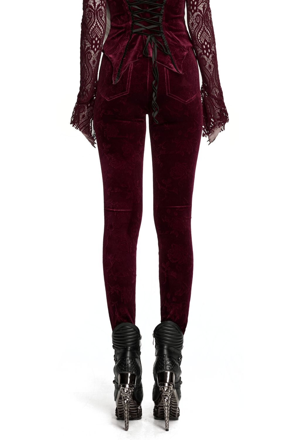 Gothic Leggings with Black Lace and Crystal Pendant, stylish back view with intricate details.