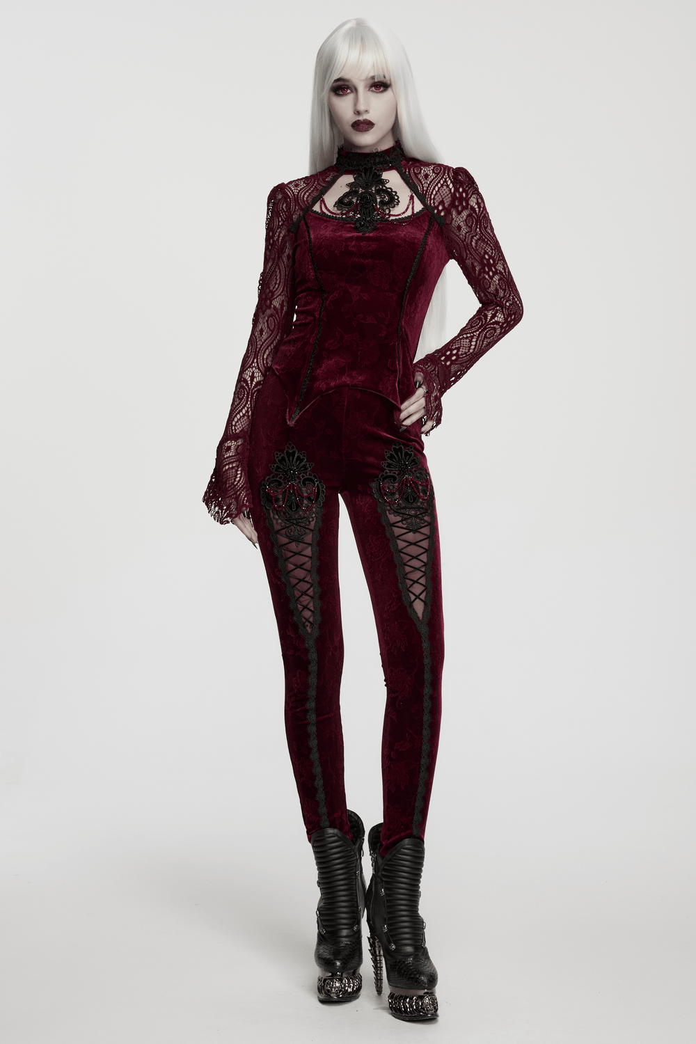 Gothic Leggings with Black Lace and Crystal Pendant displayed on a model in an elegant pose.