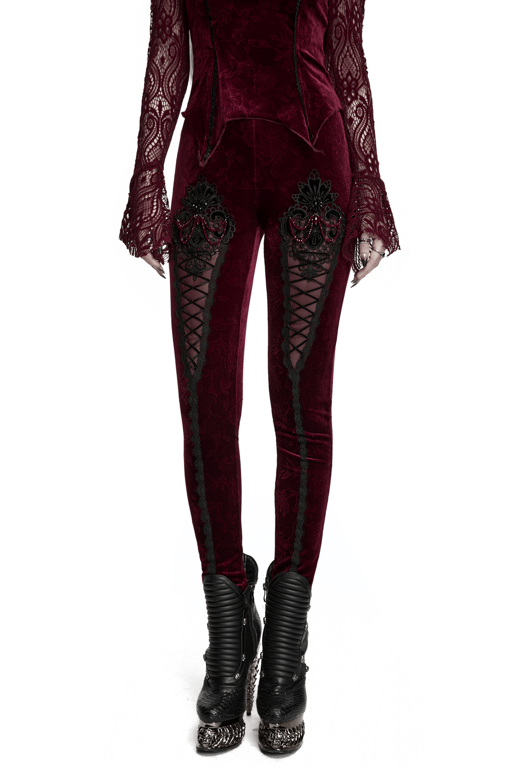 Gothic Leggings with Black Lace and Crystal Pendant showcasing intricate lace and crystal details in a stylish outfit.