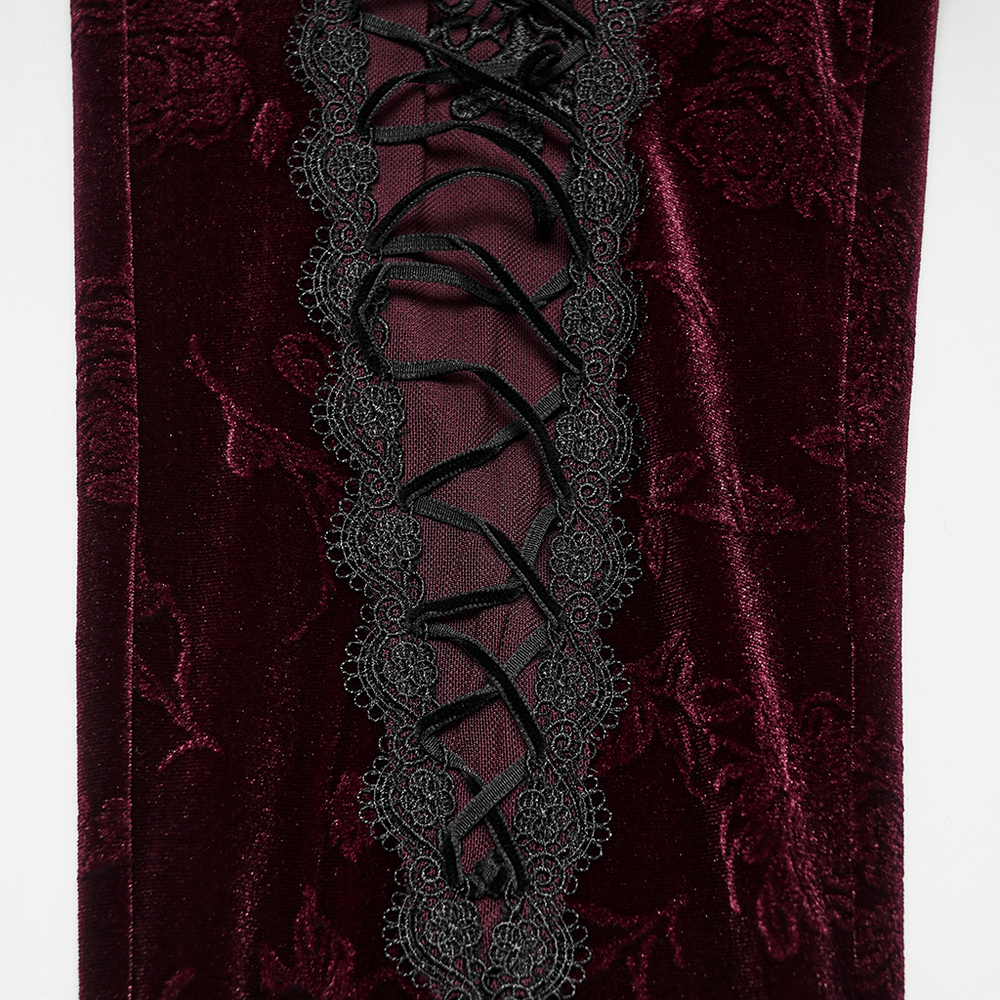 Gothic Leggings with Black Lace and Crystal Pendant featuring intricate lace design and rich burgundy fabric.