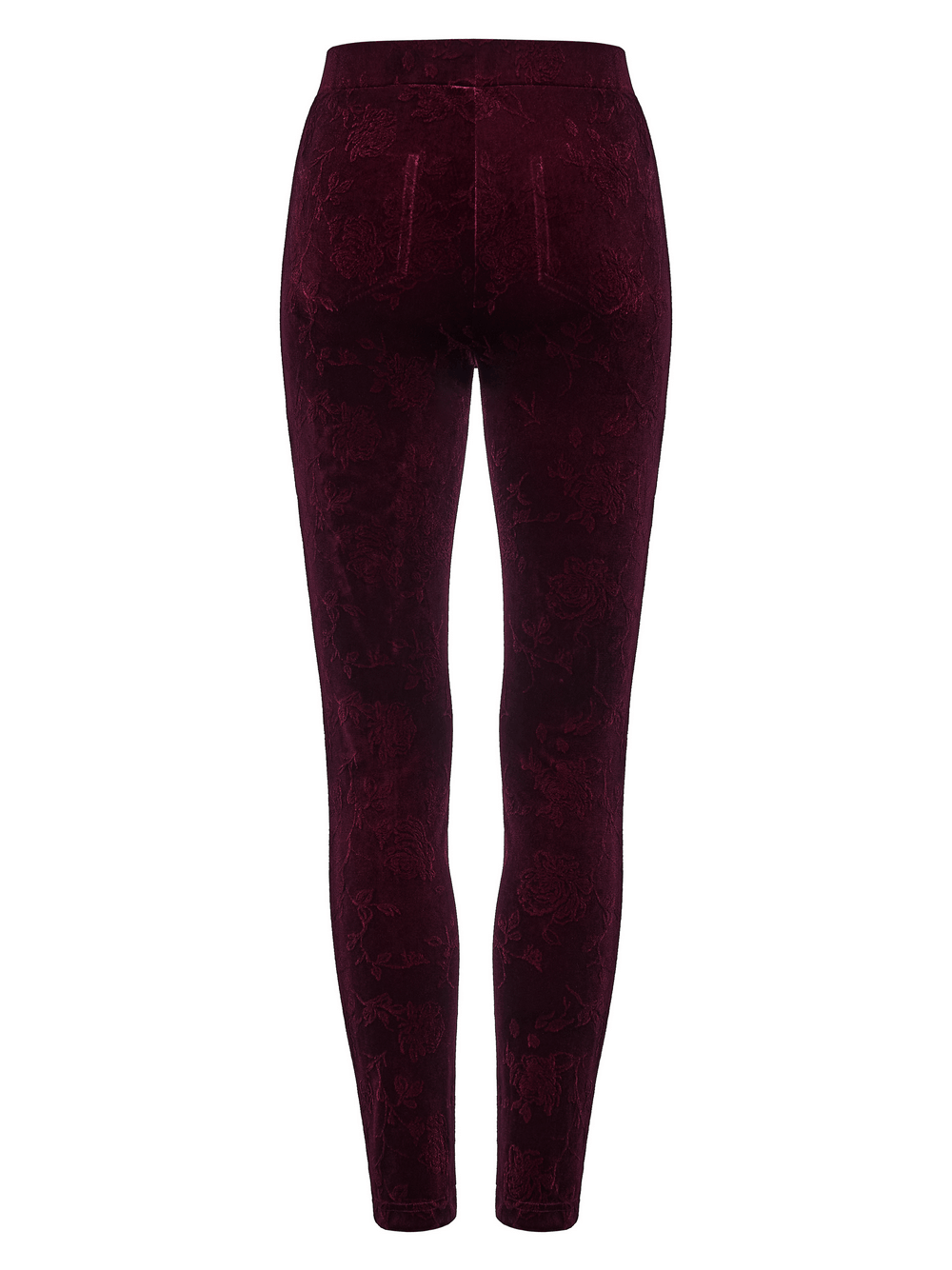 Gothic Leggings with Black Lace and Crystal Pendant, showcasing a stylish back view with floral pattern.
