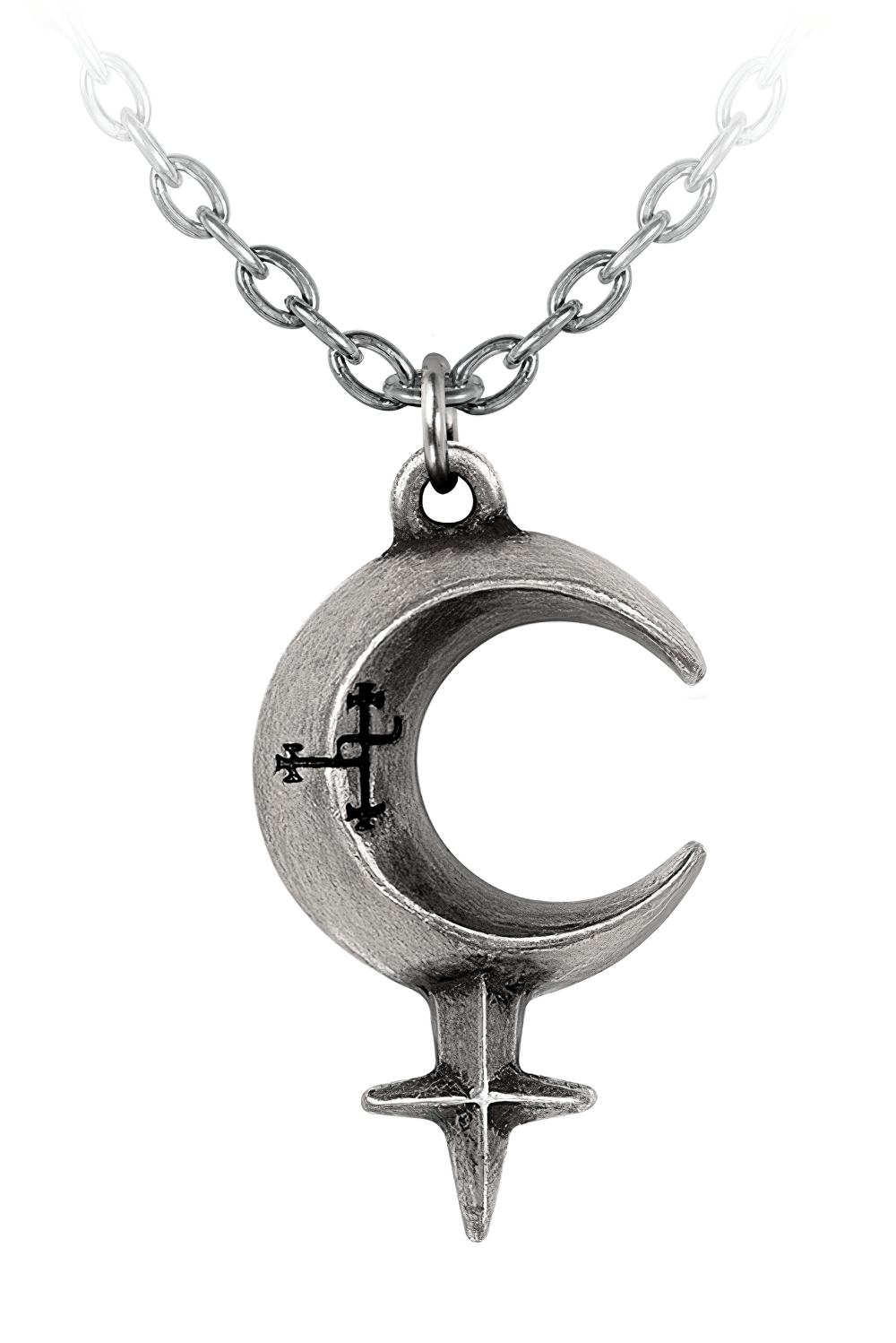 Gothic Lilith Crescent Moon Pendant with etched sigil, crafted in fine English pewter, symbolizing strength and defiance.