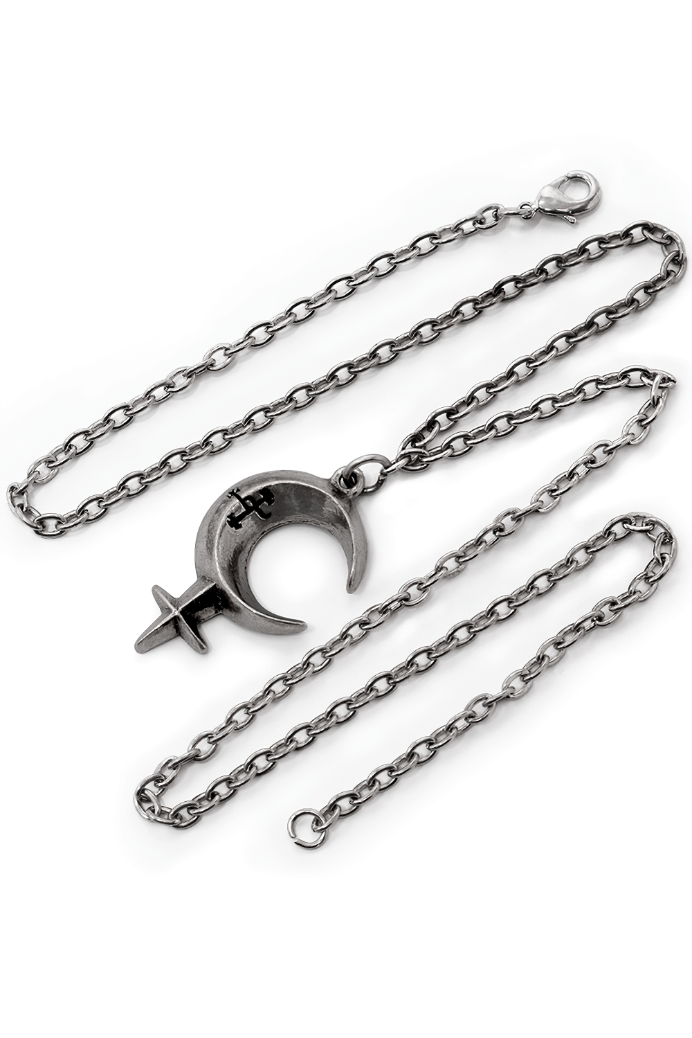 Gothic Lilith Crescent Moon Pendant with etched sigil and cross, crafted in fine English pewter on a chain.
