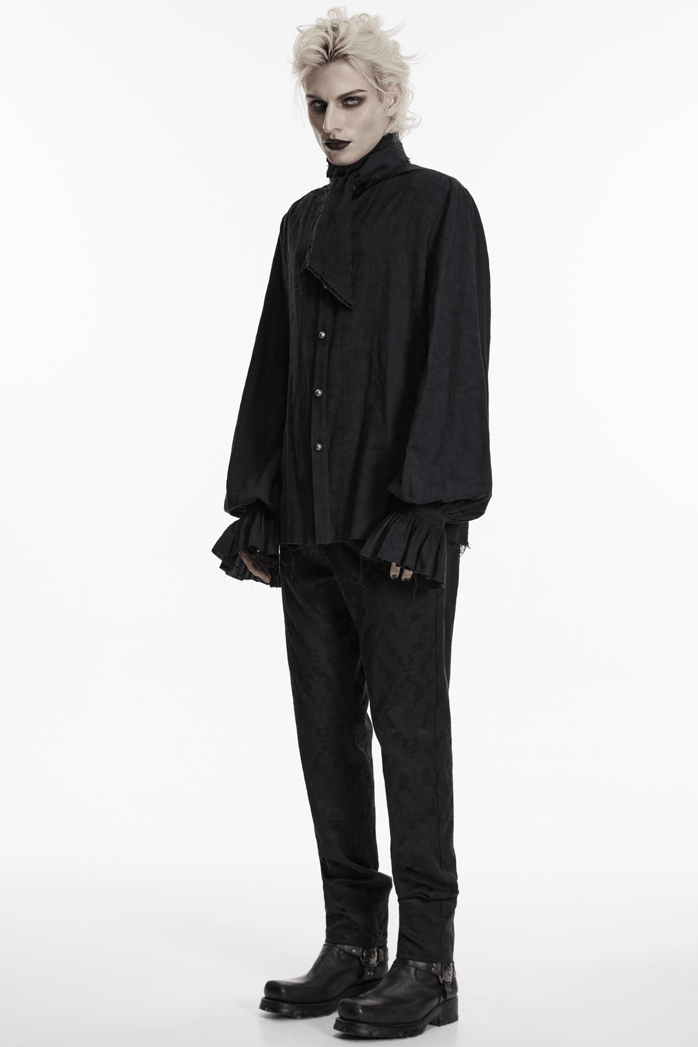 Gothic Linen Shirt with Long Sleeves and Ruffled Cuffs worn by a model showcasing Victorian style.