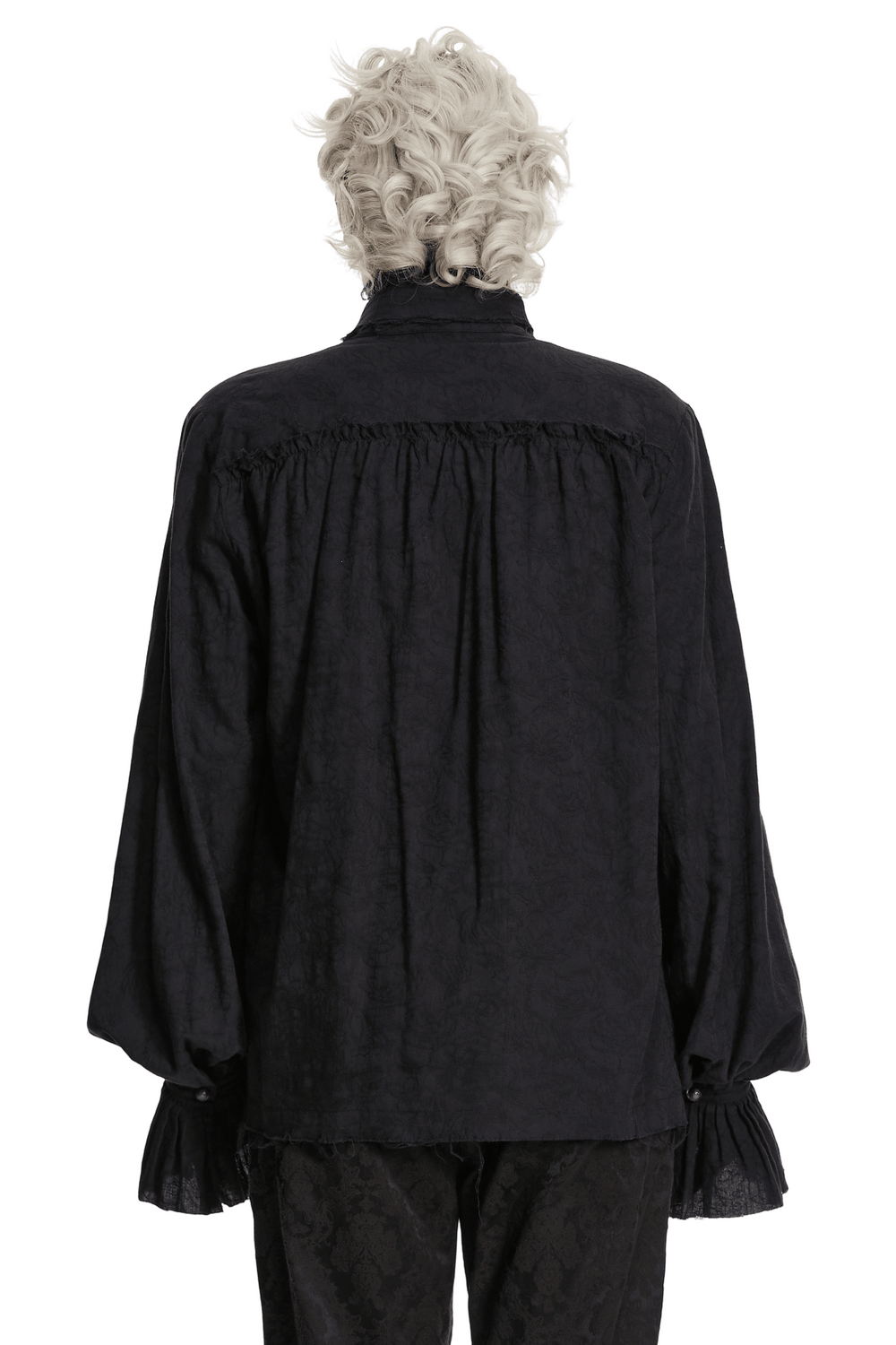 Back view of Gothic Linen Shirt with Long Sleeves and Ruffled Cuffs, showcasing its elegant detail.