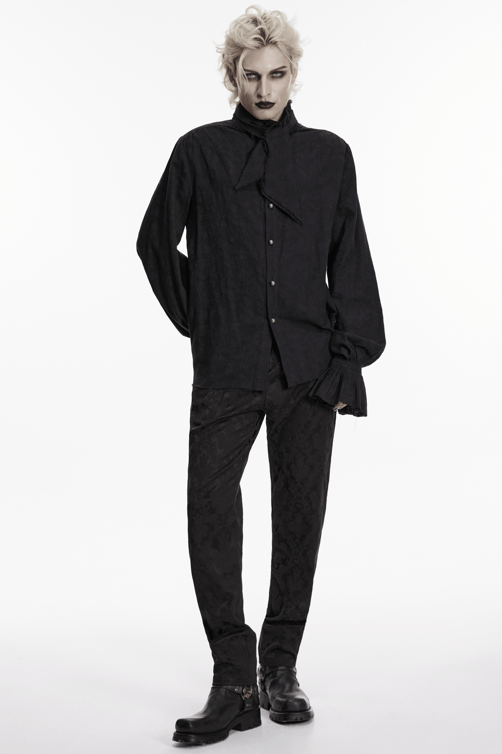 Gothic Linen Shirt with Long Sleeves and Ruffled Cuffs modeled by a person in stylish black attire.