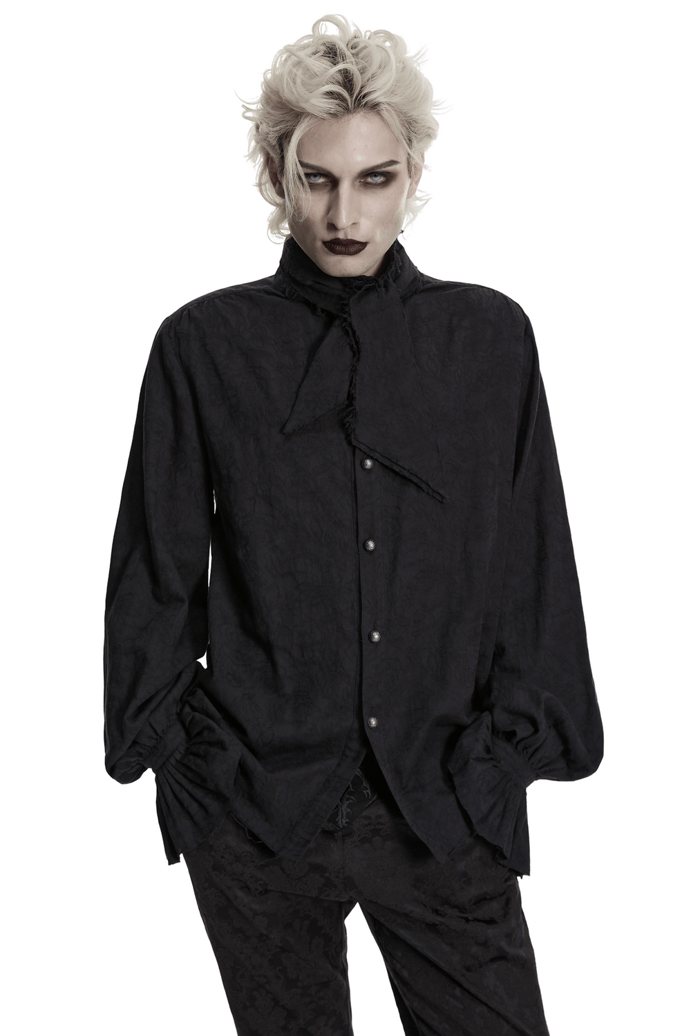Gothic Linen Shirt with Long Sleeves and Ruffled Cuffs worn by a model with dramatic makeup and styled hair.