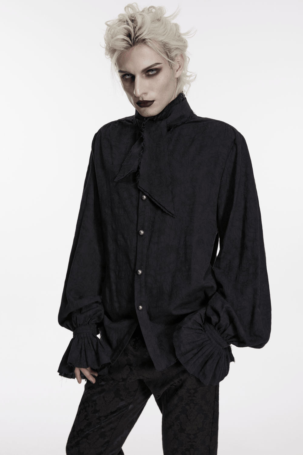 Gothic Linen Shirt with Long Sleeves and Ruffled Cuffs worn by model in black linen jacquard.