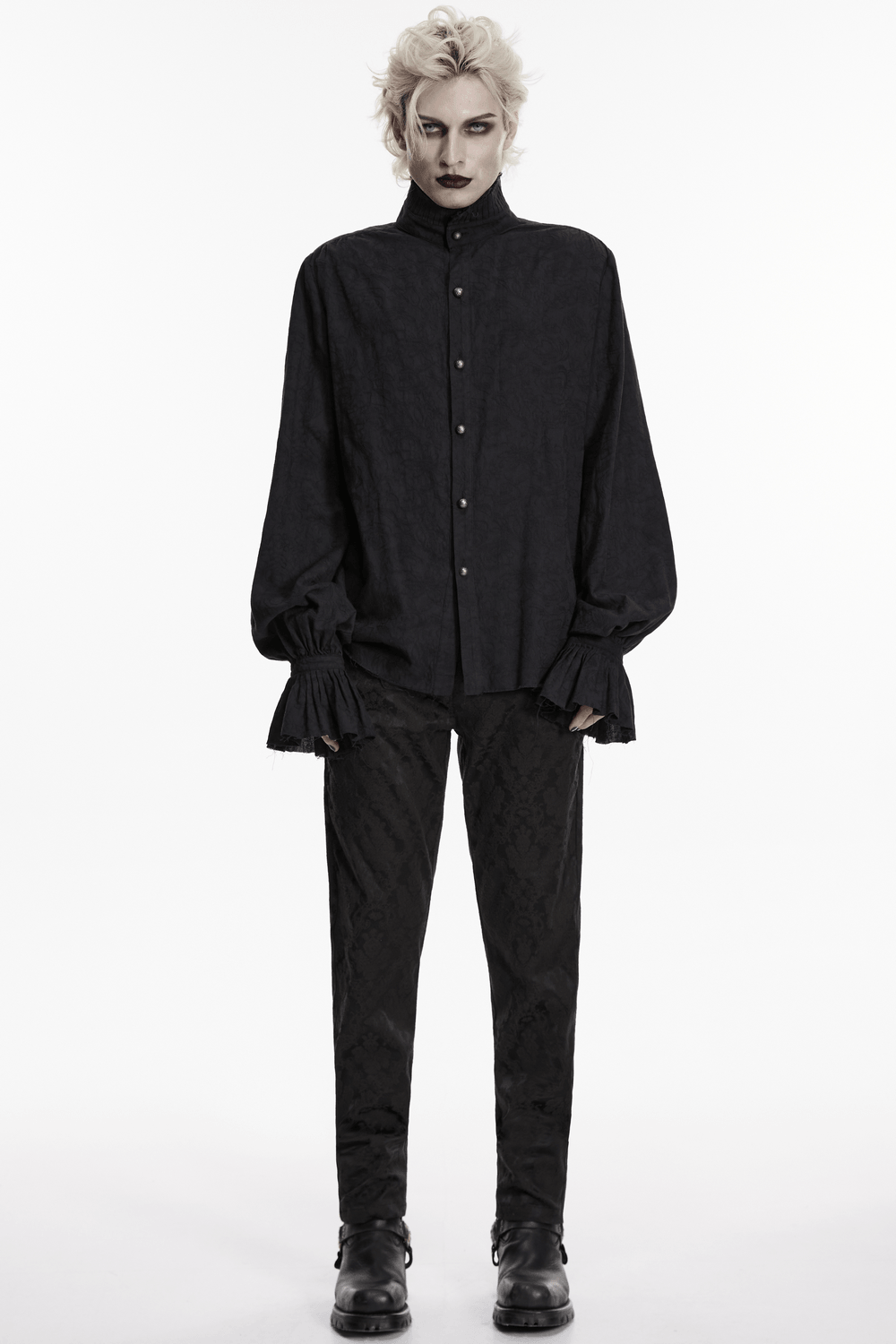 Gothic Linen Shirt with Long Sleeves and Ruffled Cuffs modeled by a person in black attire with ruffled cuffs.