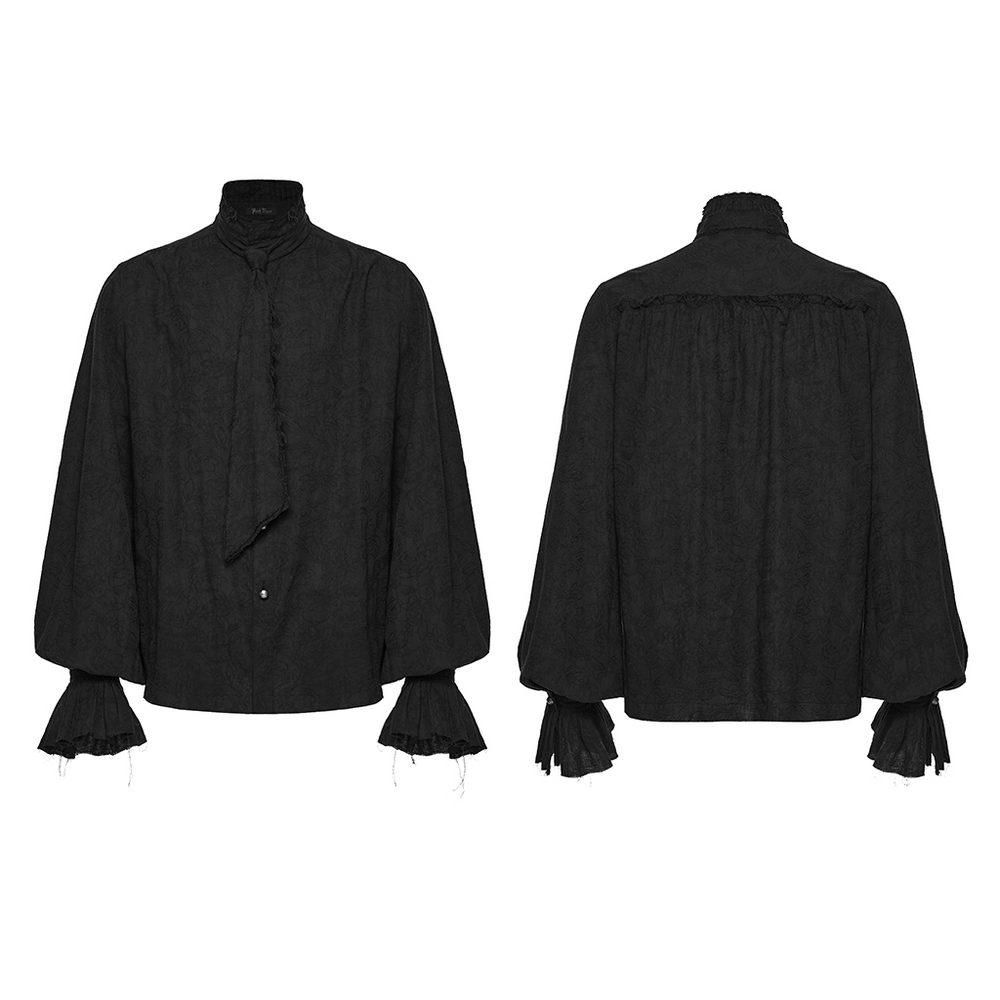 Gothic Linen Shirt with Long Sleeves and Ruffled Cuffs featuring a high collar and voluminous bishop sleeves in black linen.