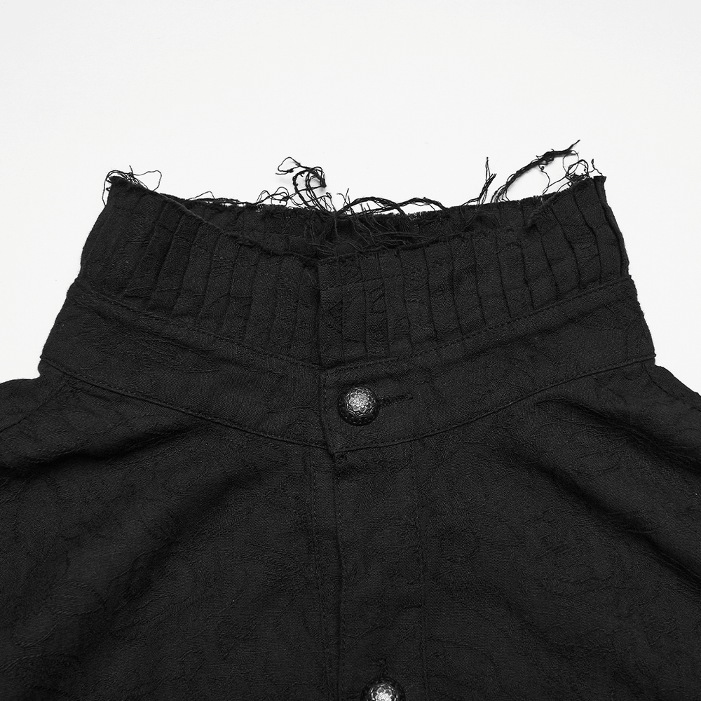 Gothic Linen Shirt with Long Sleeves and Ruffled Cuffs close-up of collar and button detail.
