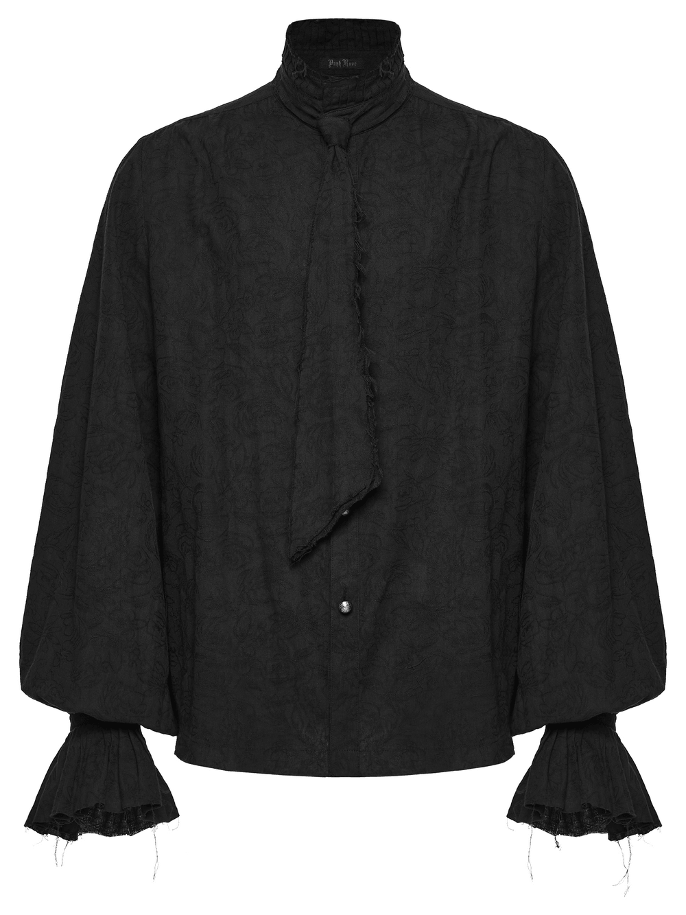 Gothic Linen Shirt with Long Sleeves and Ruffled Cuffs featuring a ruffled collar and flared cuffs in black.
