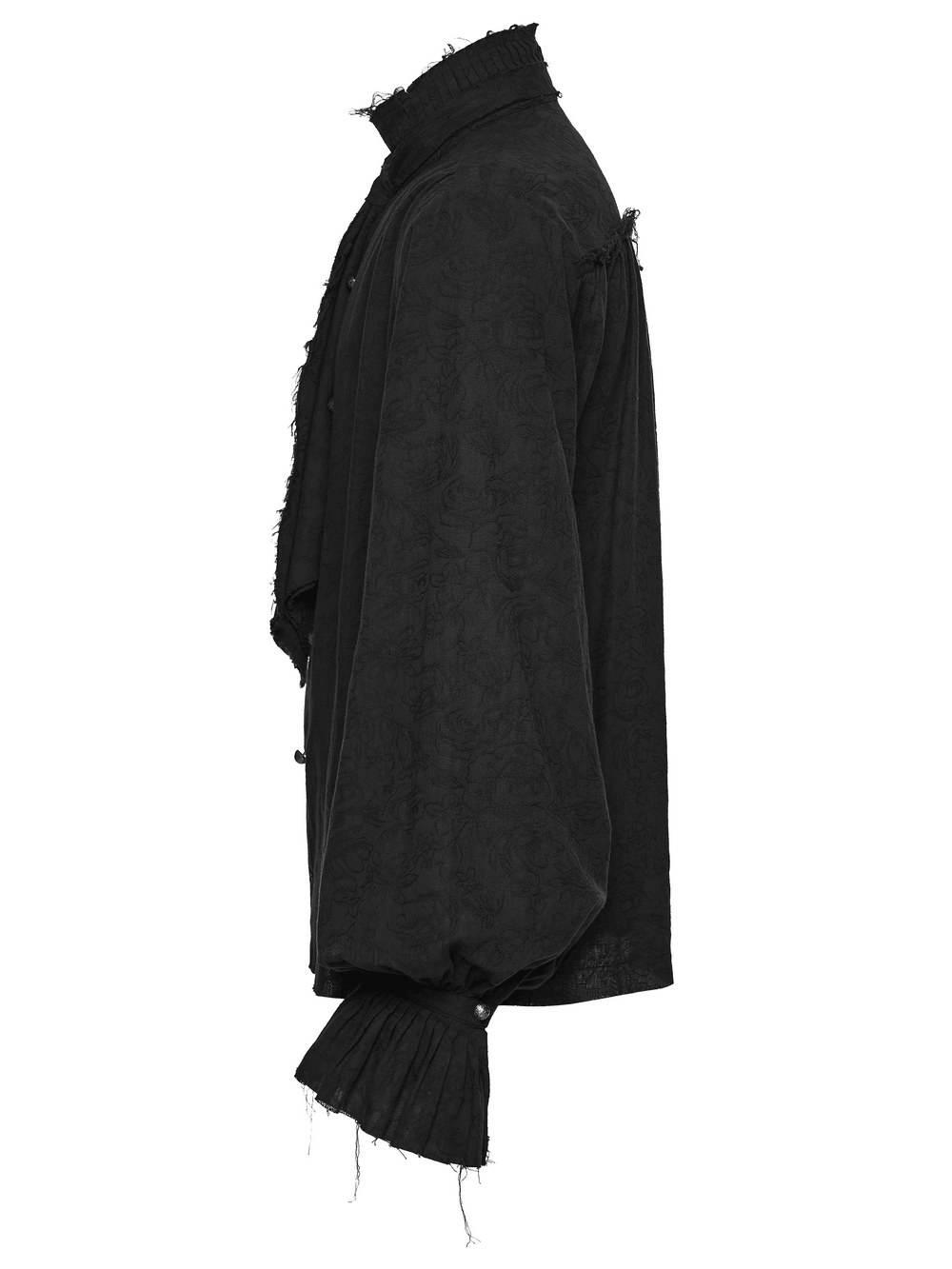 Gothic Linen Shirt with Long Sleeves and Ruffled Cuffs in black jacquard with voluminous bishop sleeves.