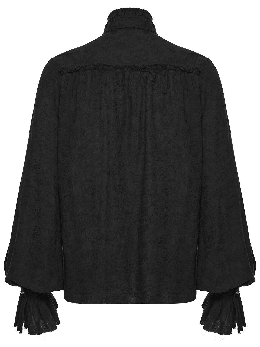 Back view of Gothic Linen Shirt with Long Sleeves and Ruffled Cuffs showcasing jacquard detail and voluminous bishop sleeves.