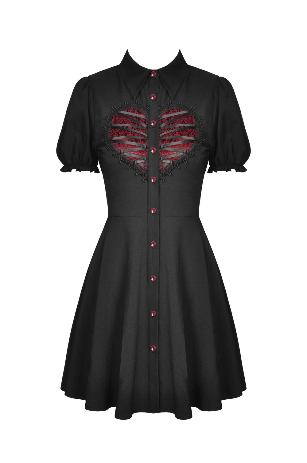 Gothic Lolita black dress with button and red heart detail, perfect for dark romantic looks and elegant evening events.