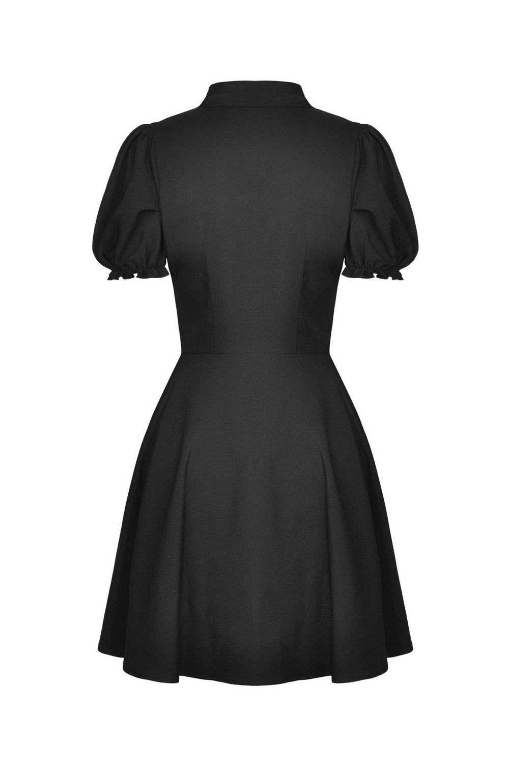 Back view of a Gothic Lolita black dress with doll collar and puff sleeves, ideal for dark romantic aesthetics.