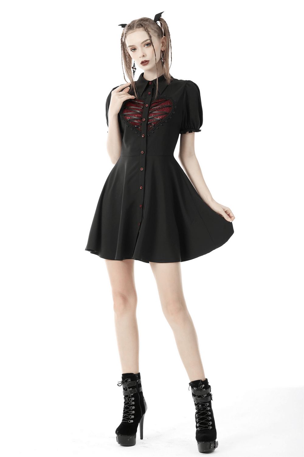 Gothic Lolita black dress with button and red heart detail, featuring doll collar and flared sleeves for dark romantic looks.