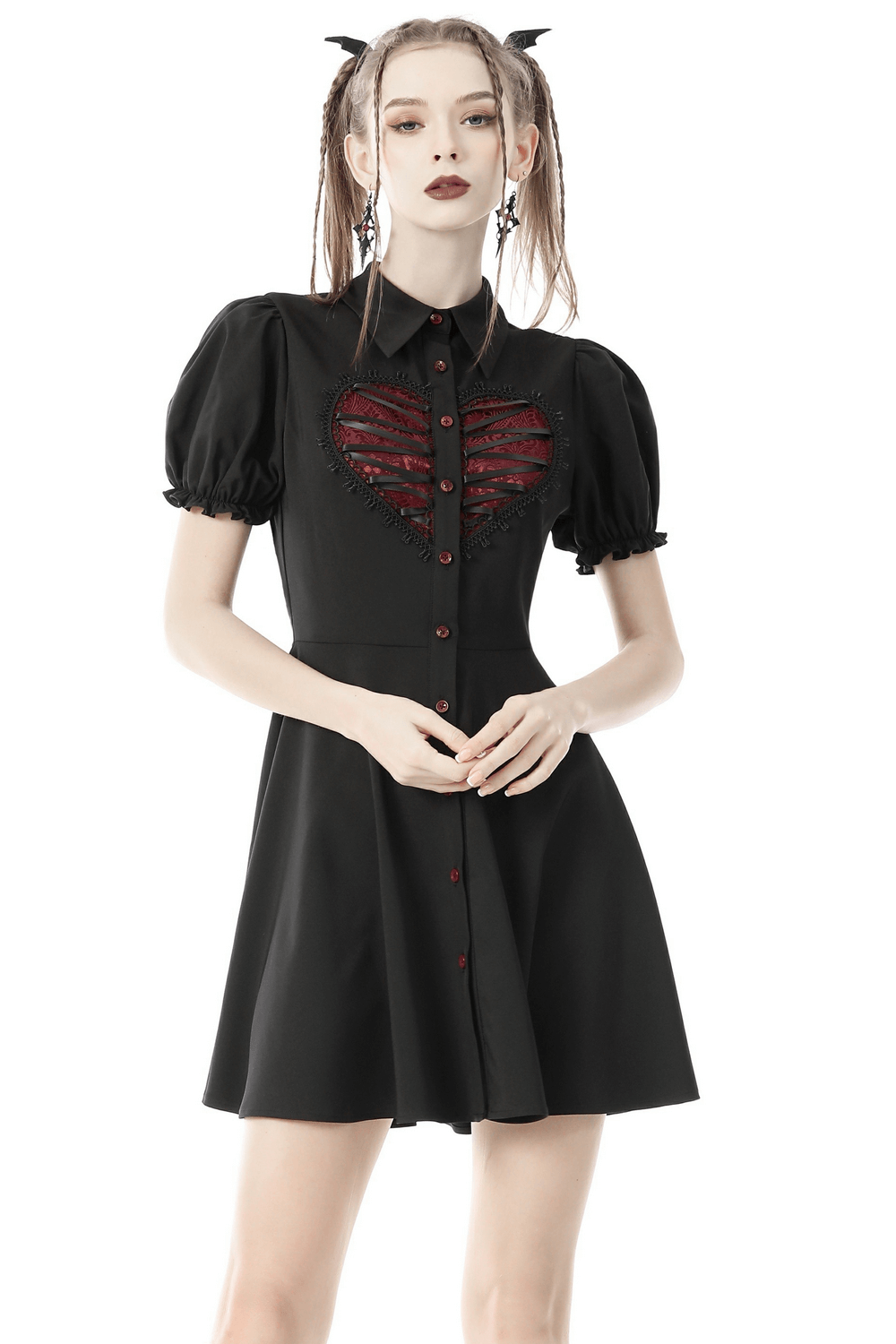 Gothic Lolita black dress with button and red heart detail, featuring a doll collar and flared sleeves, perfect for dark romantic looks.
