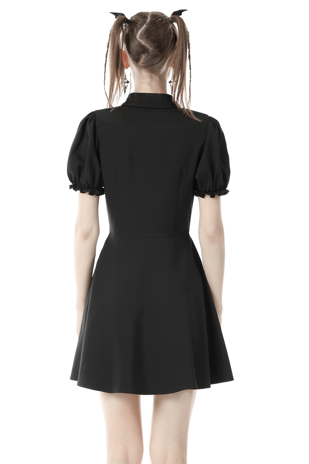 Back view of a Gothic Lolita black dress with puffed sleeves and doll collar, showcasing elegant style.