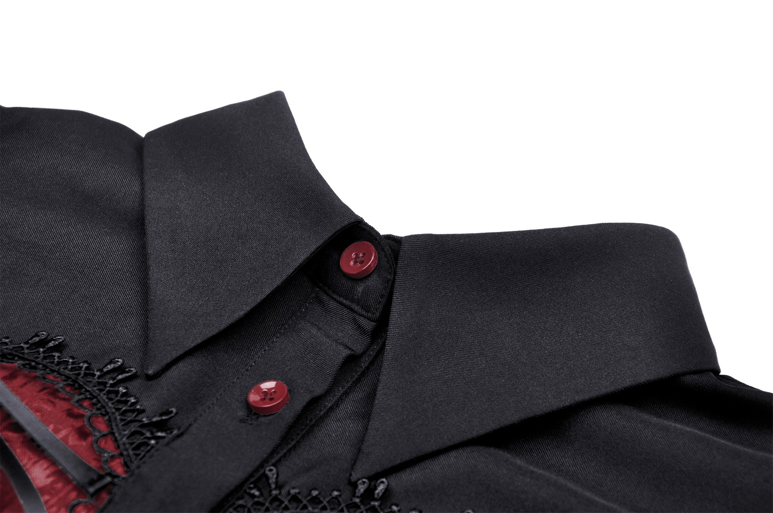 Detail of Gothic Lolita black dress collar with red buttons and lace design for dark romantic style.