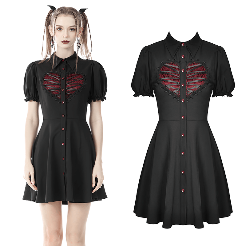 Gothic Lolita Black Dress with Button And Red Heart Detail