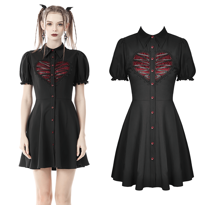 Gothic Lolita black dress with button and red heart detail, perfect for dark romantic elegance and evening events.