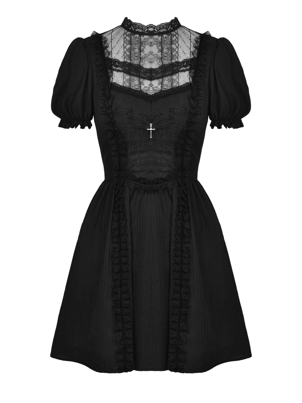 Gothic Lolita black lace cross tulle dress with puff sleeves and ruffled skirt for edgy princesses