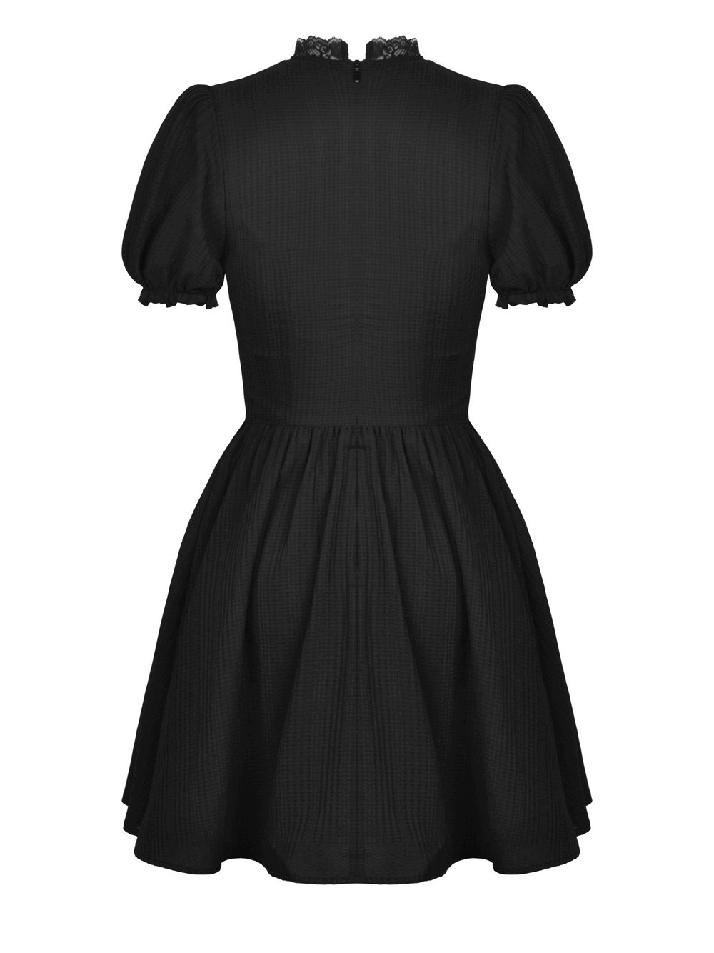 Back view of Gothic Lolita black lace short dress with puff sleeves and tulle skirt, perfect for edgy princesses.