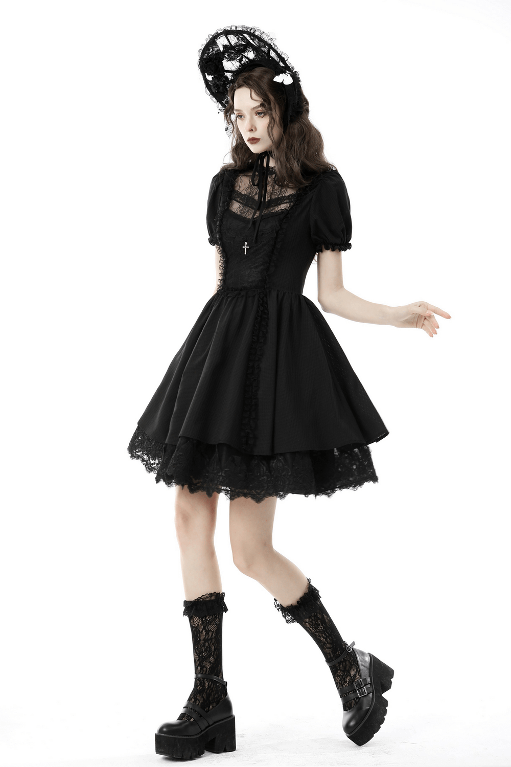 Gothic Lolita black lace cross tulle short dress featuring puff sleeves, short skirt, and edgy accessories.