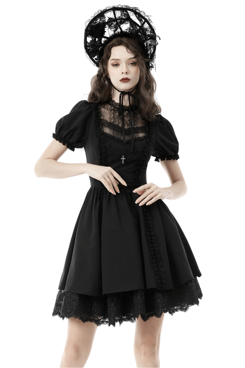 Gothic Lolita black lace dress with tulle skirt and puff sleeves, perfect for dark alternative events and Halloween.