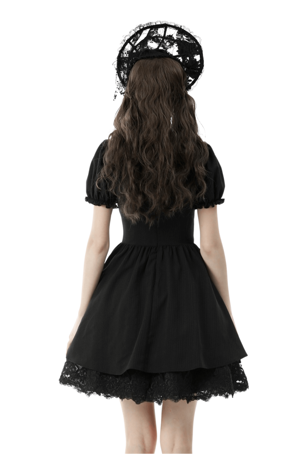 Back view of Gothic Lolita black lace cross tulle dress with puff sleeves, showcasing the sweet, dark princess style.