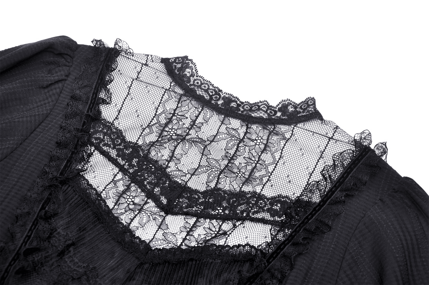Close-up of black lace neckline featuring intricate lace detailing on Gothic Lolita dress, perfect for edgy fashion lovers.