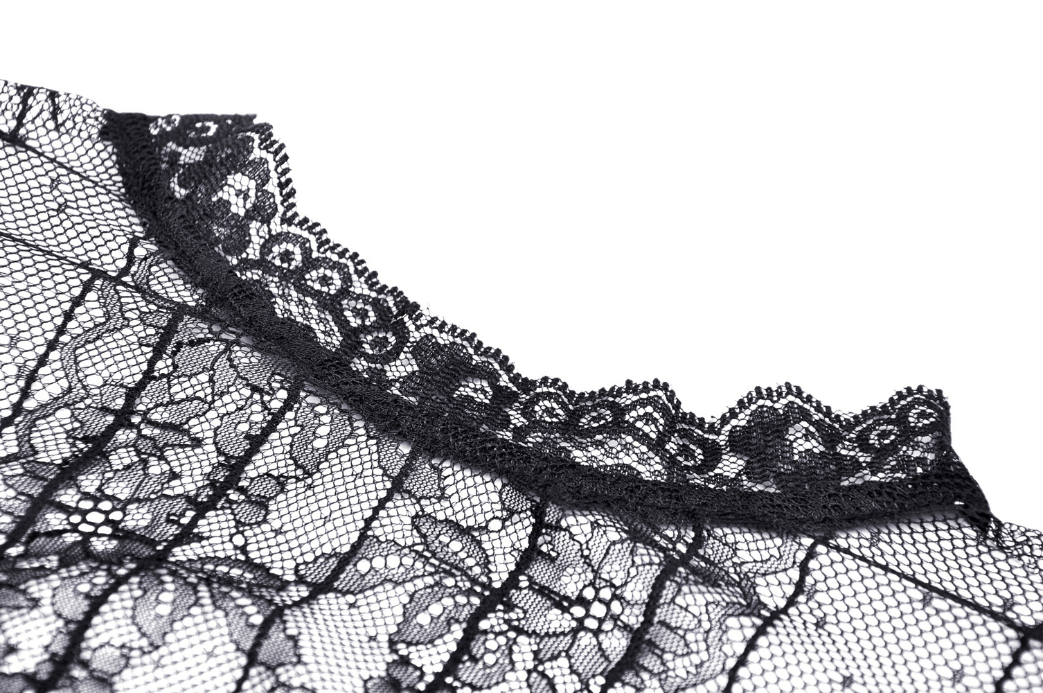 Close-up of intricate black lace with floral patterns, perfect for Gothic Lolita fashion.