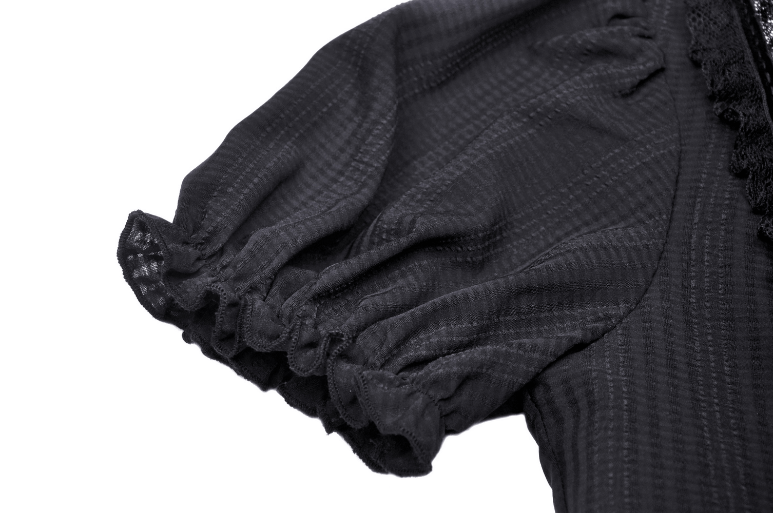 Close-up of puff sleeve detail on a Gothic Lolita black lace dress, featuring soft fabric and delicate lace trim.