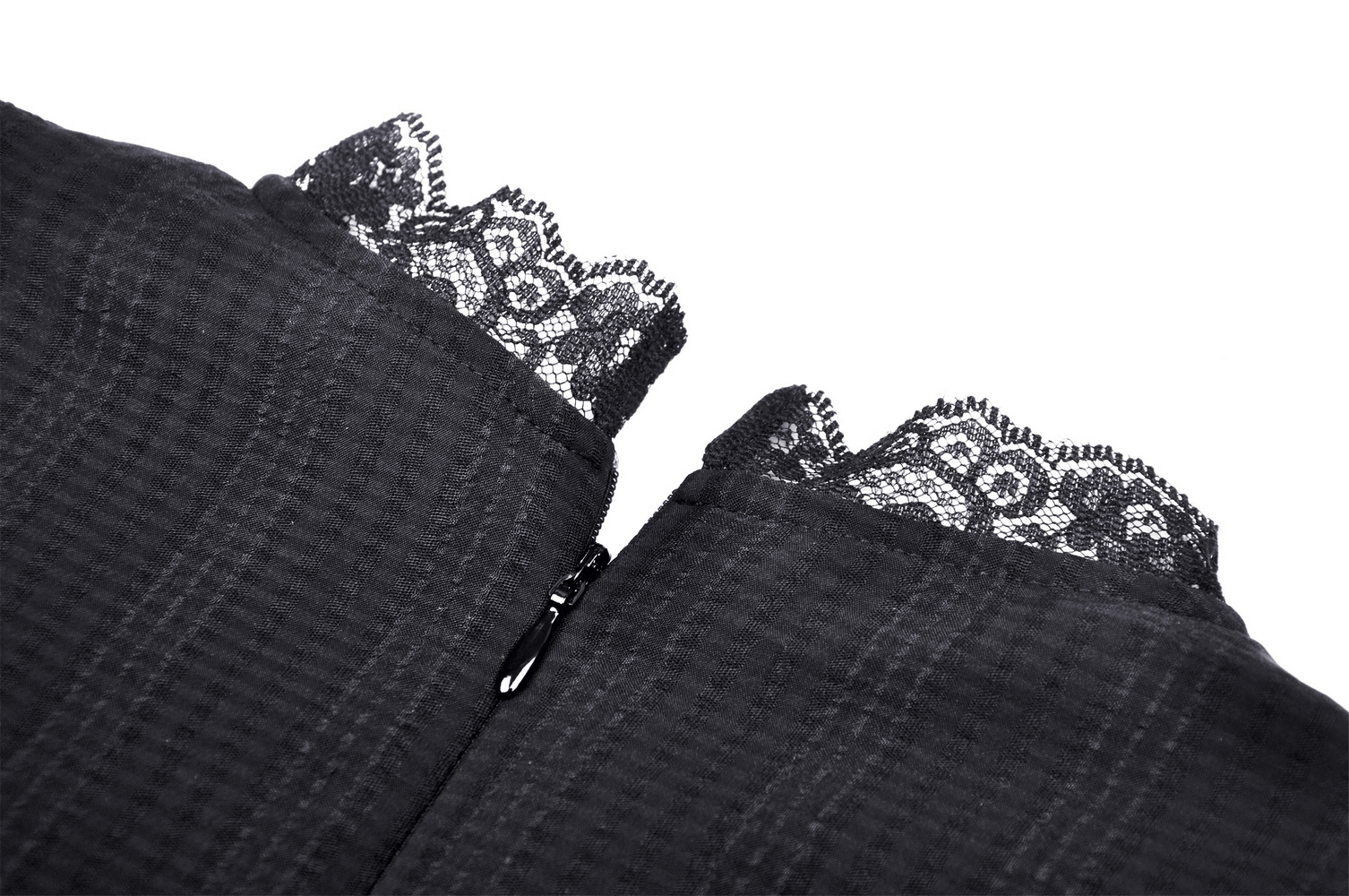 Close-up of the Gothic Lolita black lace neckline with intricate frills and zipper detail.