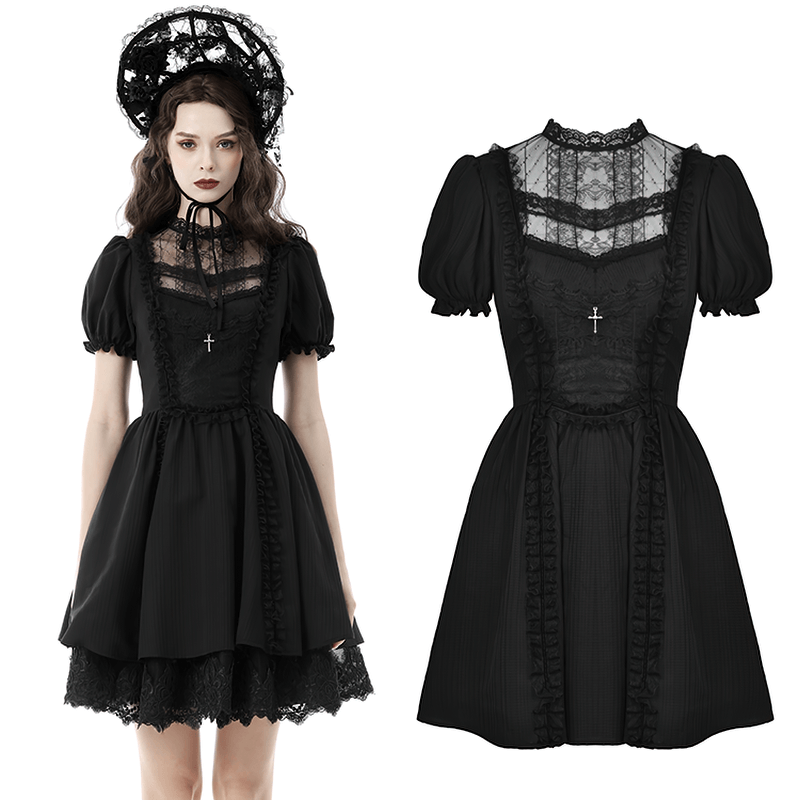 Gothic Lolita Black Lace Cross Tulle Short Dress Gothic Lolita Black Lace Cross Tulle Short Dress