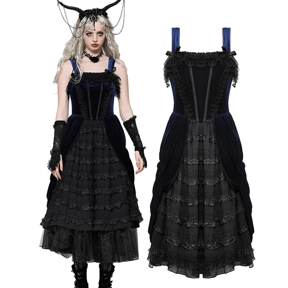 Gothic Lolita dress featuring ruffled lace, adjustable straps, and a luxurious black and navy velvet design.