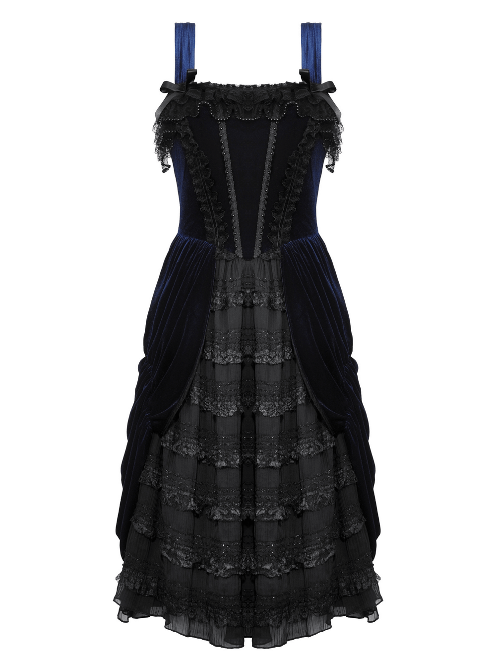 Vintage Gothic Lolita dress with ruffled lace, adjustable straps, and tiered black and navy velvet skirt.