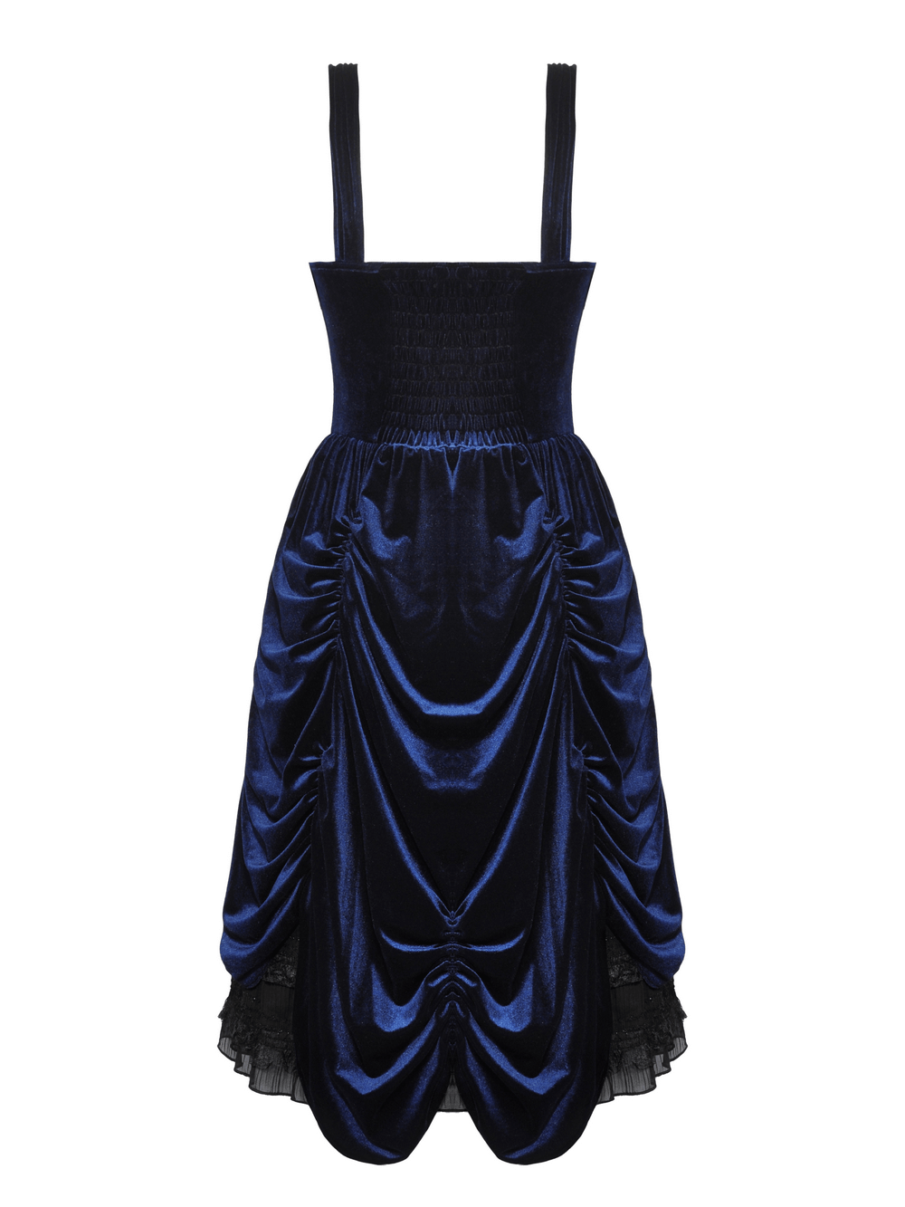 Vintage Gothic Lolita dress in luxe navy velvet with ruffled lace detail and adjustable straps, embodying elegance and mystery.