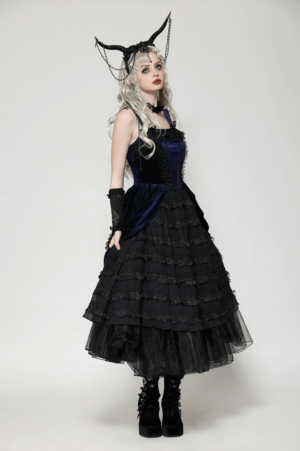 Gothic Lolita dress with ruffled lace, adjustable straps, and corset bodice in black and navy velvet.