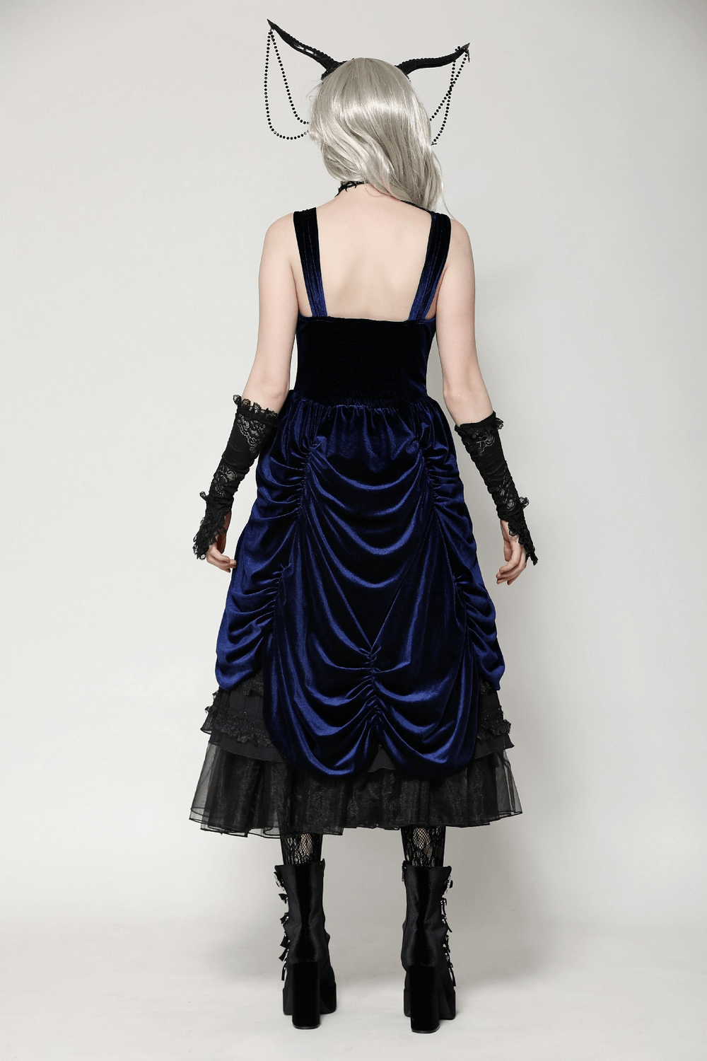 Back view of Gothic Lolita dress in luxurious navy velvet, featuring ruffled lace details and elegant silhouette.