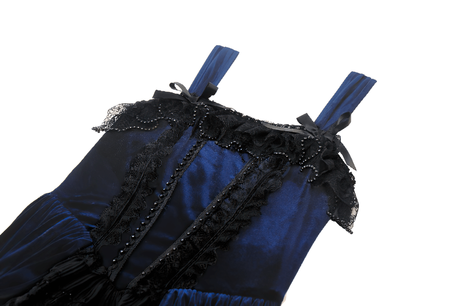 Gothic Lolita dress featuring ruffled lace, velvet fabric, and adjustable straps in elegant black and navy hues.