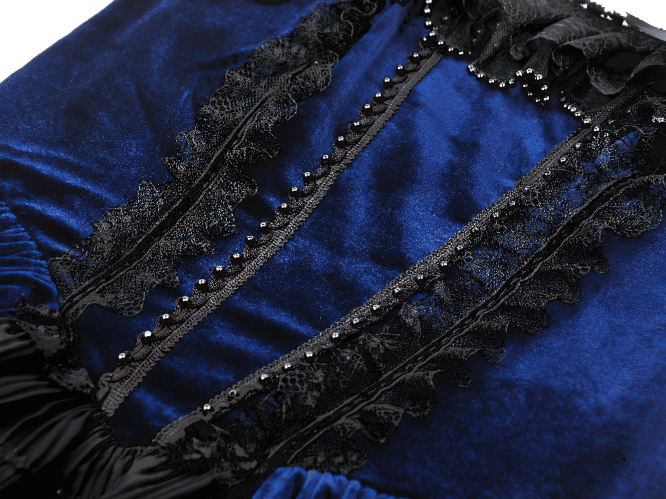 Close-up of Gothic Lolita dress showing luxurious velvet in black and navy with detailed lace and ruffles.