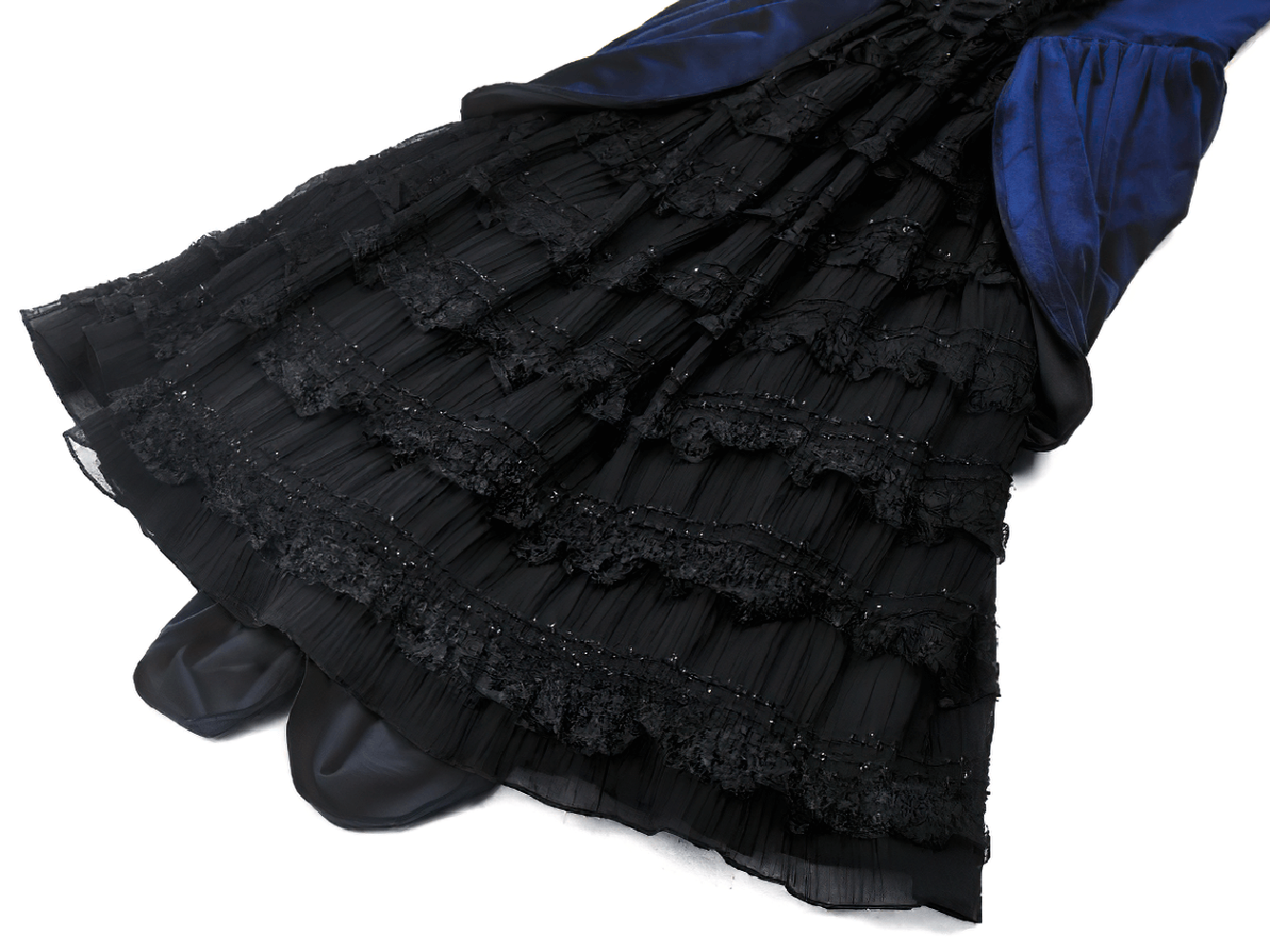 Black and navy Gothic Lolita dress featuring intricate lace details and a tiered ruffled skirt for a vintage allure.