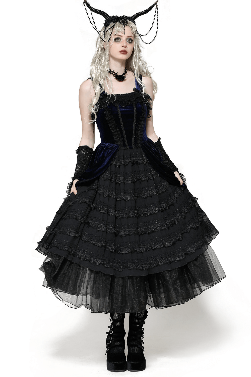 Elegant Gothic Lolita dress featuring ruffled lace, velvet bodice, and dramatic tiered skirt in black and navy.