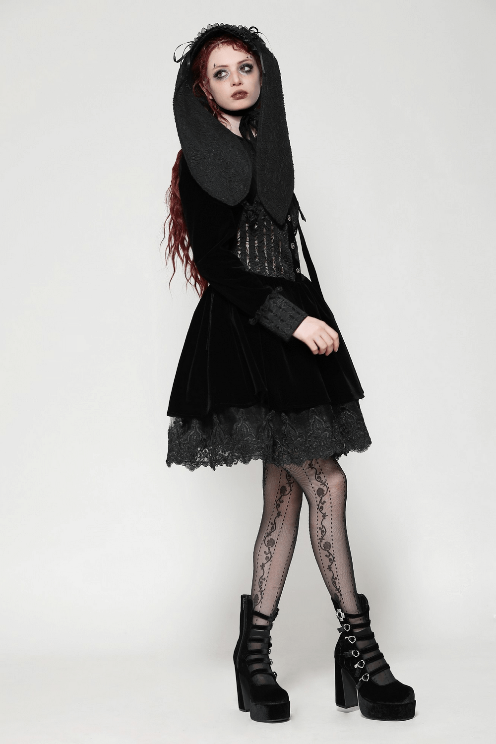 Capucha de Encaje Gothic Lolita con Cinta y Orejas Largas de Conejo